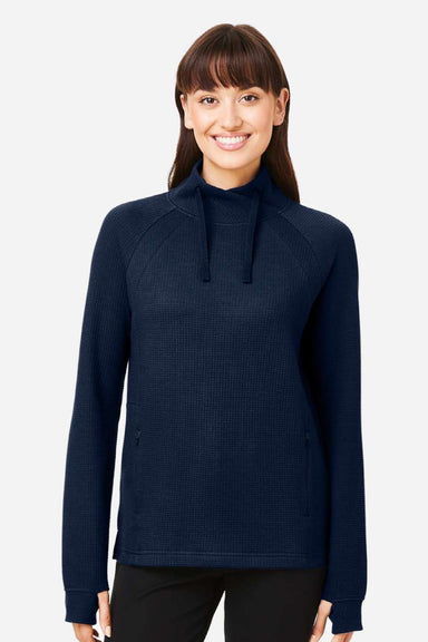 North End NE200W Womens Rhythm Waffle Sweatshirt w/ Pouch Pocket Classic Navy Blue Model Front