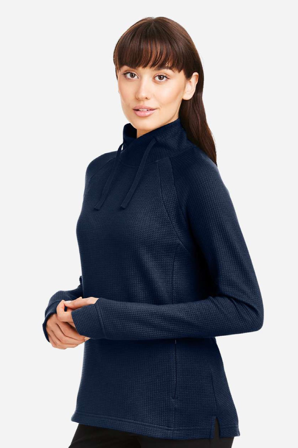 North End NE200W Womens Rhythm Waffle Sweatshirt w/ Pouch Pocket Classic Navy Blue Model Side