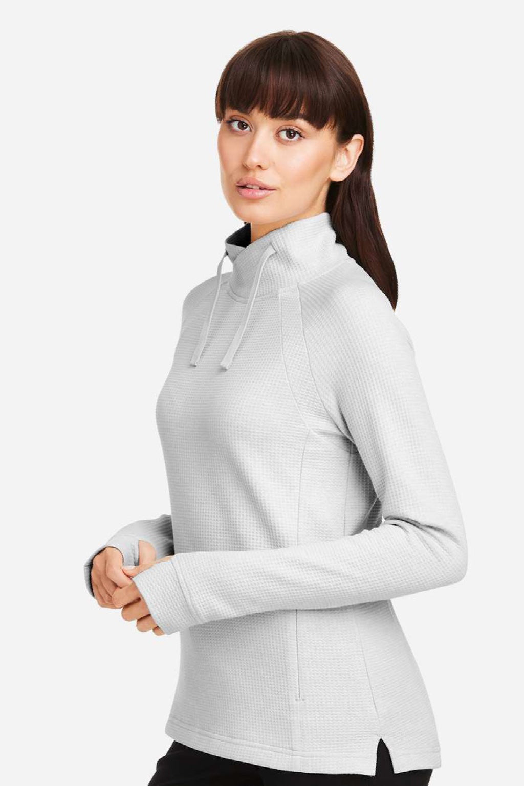 North End NE200W Womens Rhythm Waffle Sweatshirt w/ Pouch Pocket Platinum Grey Model Side