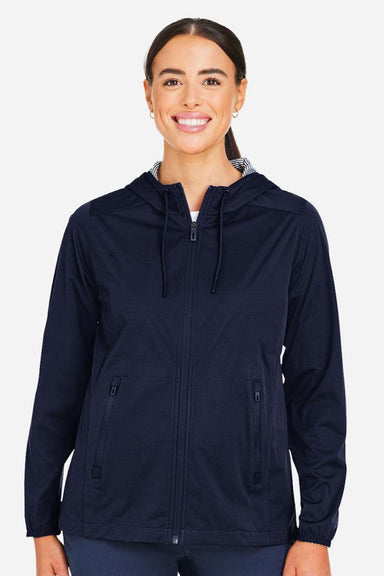 North End NE75W Womens Network Lightweight Full Zip Hooded Jacket Heather Classic Navy Blue Model Front