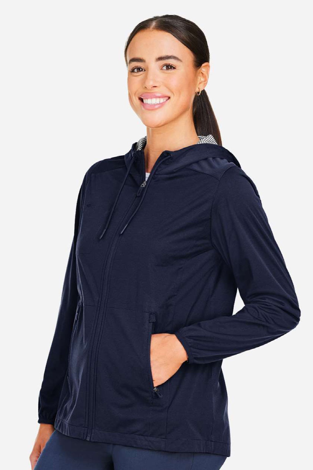 North End NE75W Womens Network Lightweight Full Zip Hooded Jacket Heather Classic Navy Blue Model Side