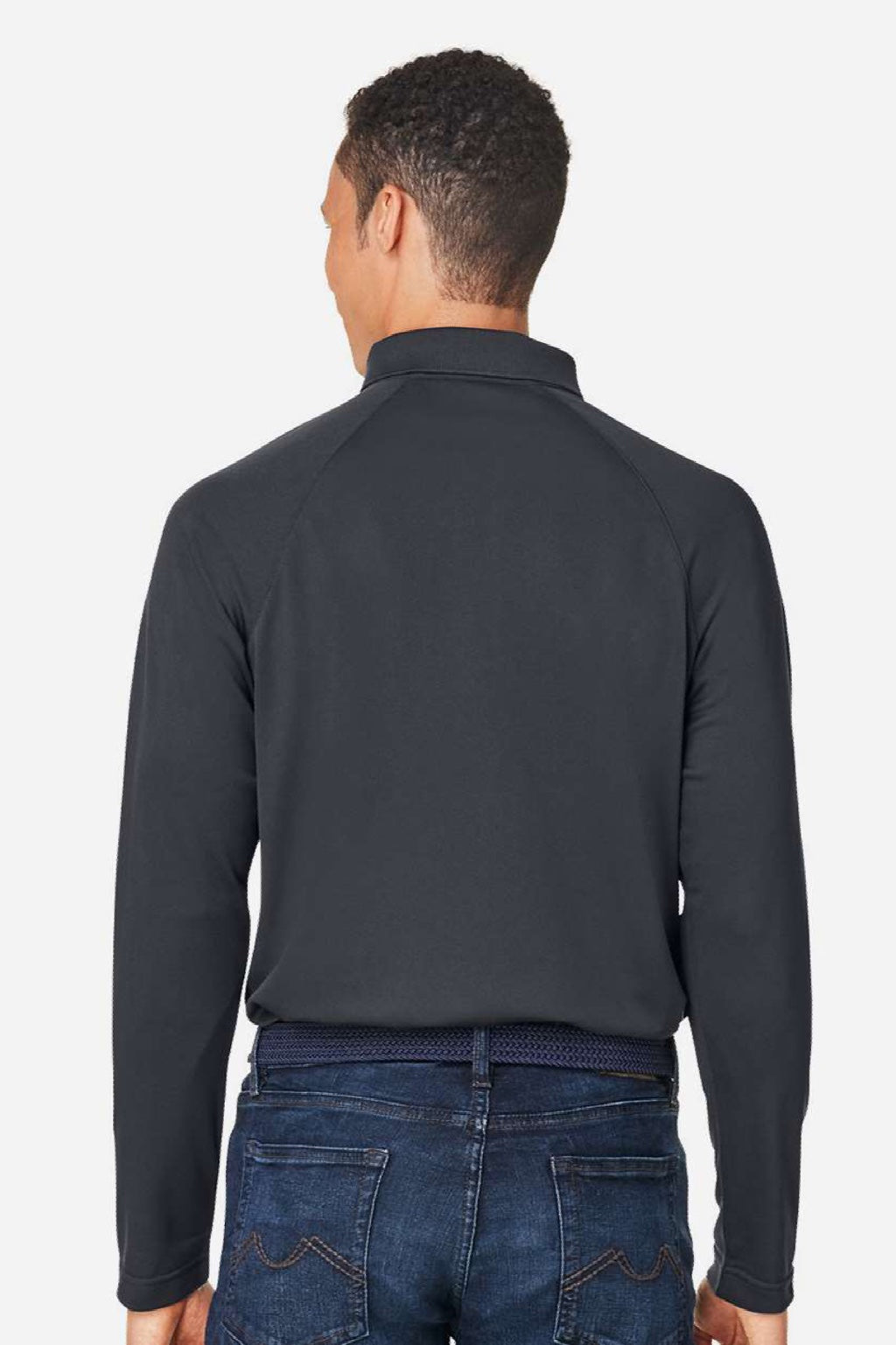 Harriton M208L Mens Charge Moisture Wicking Long Sleeve Polo Shirt Dark Charcoal Grey Model Back