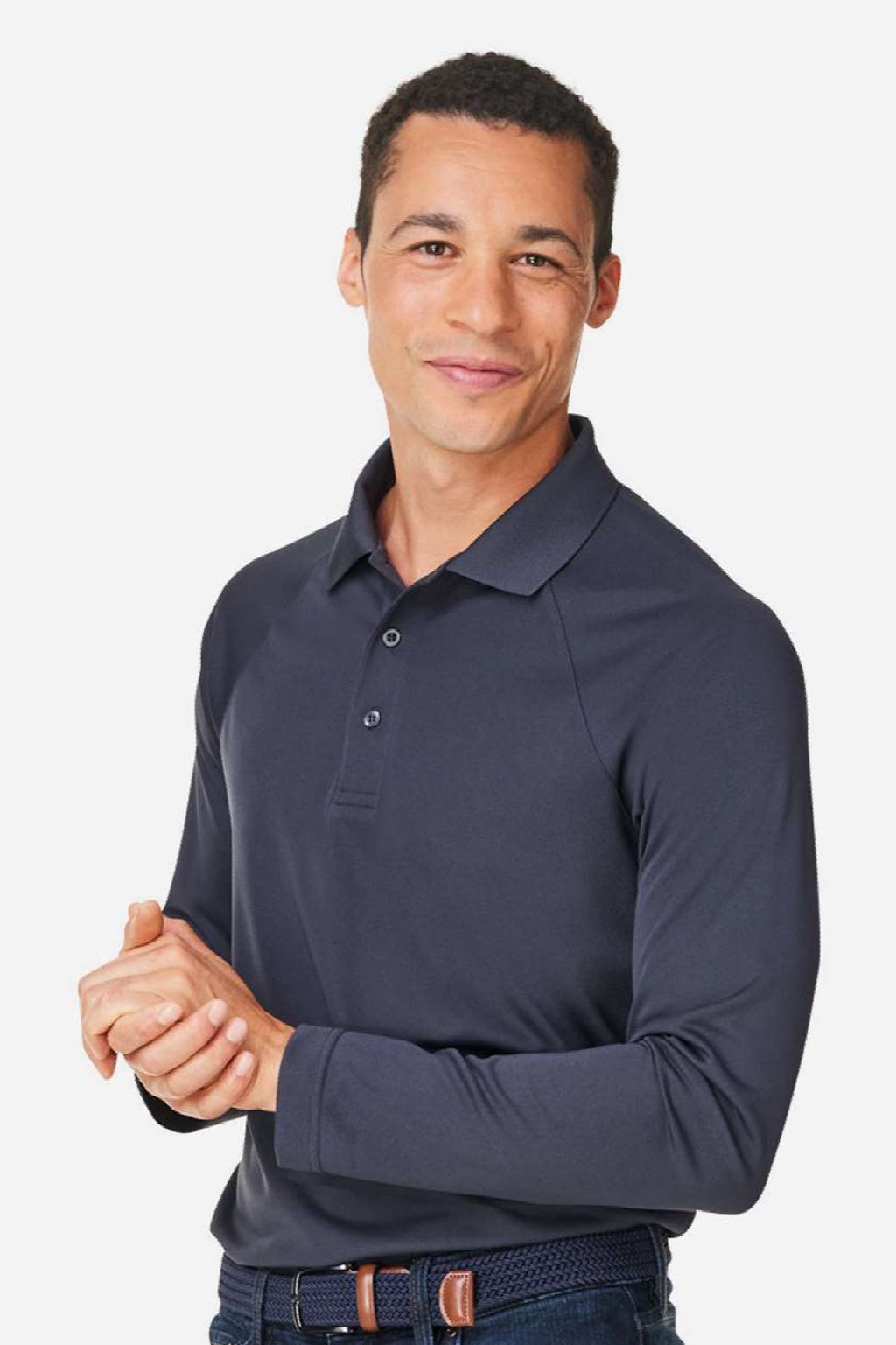Harriton M208L Mens Charge Moisture Wicking Long Sleeve Polo Shirt Dark Charcoal Grey Model Side