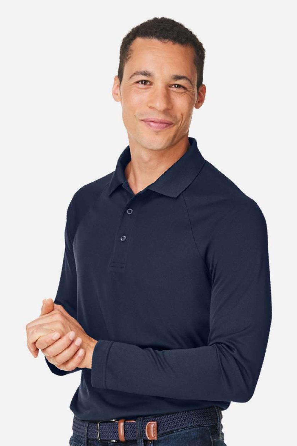 Harriton M208L Mens Charge Moisture Wicking Long Sleeve Polo Shirt Dark Navy Blue Model Side