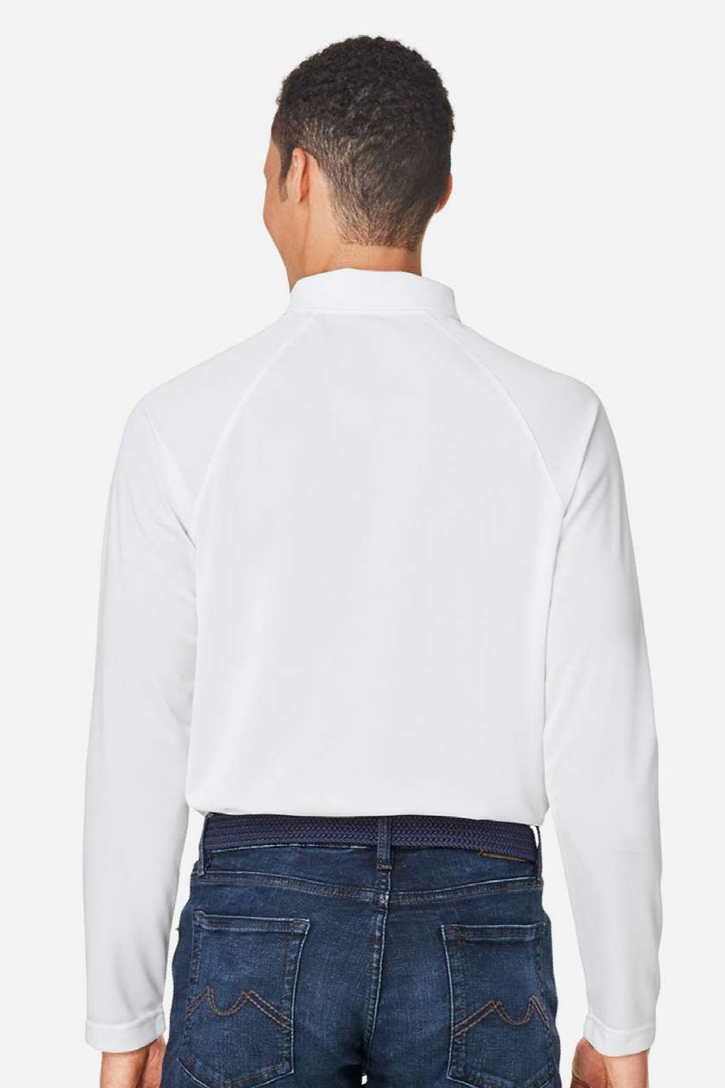 Harriton M208L Mens Charge Moisture Wicking Long Sleeve Polo Shirt White Model Back