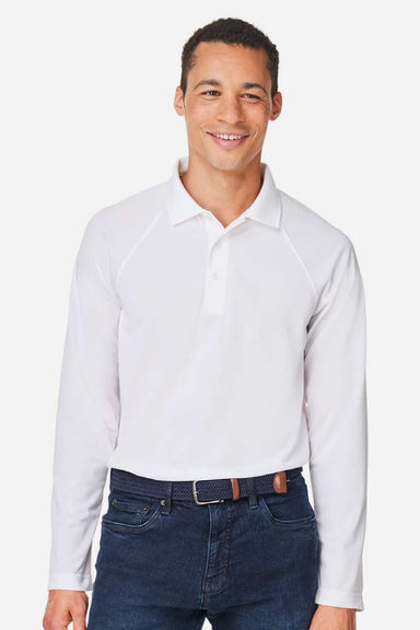 Harriton M208L Mens Charge Moisture Wicking Long Sleeve Polo Shirt White Model Front