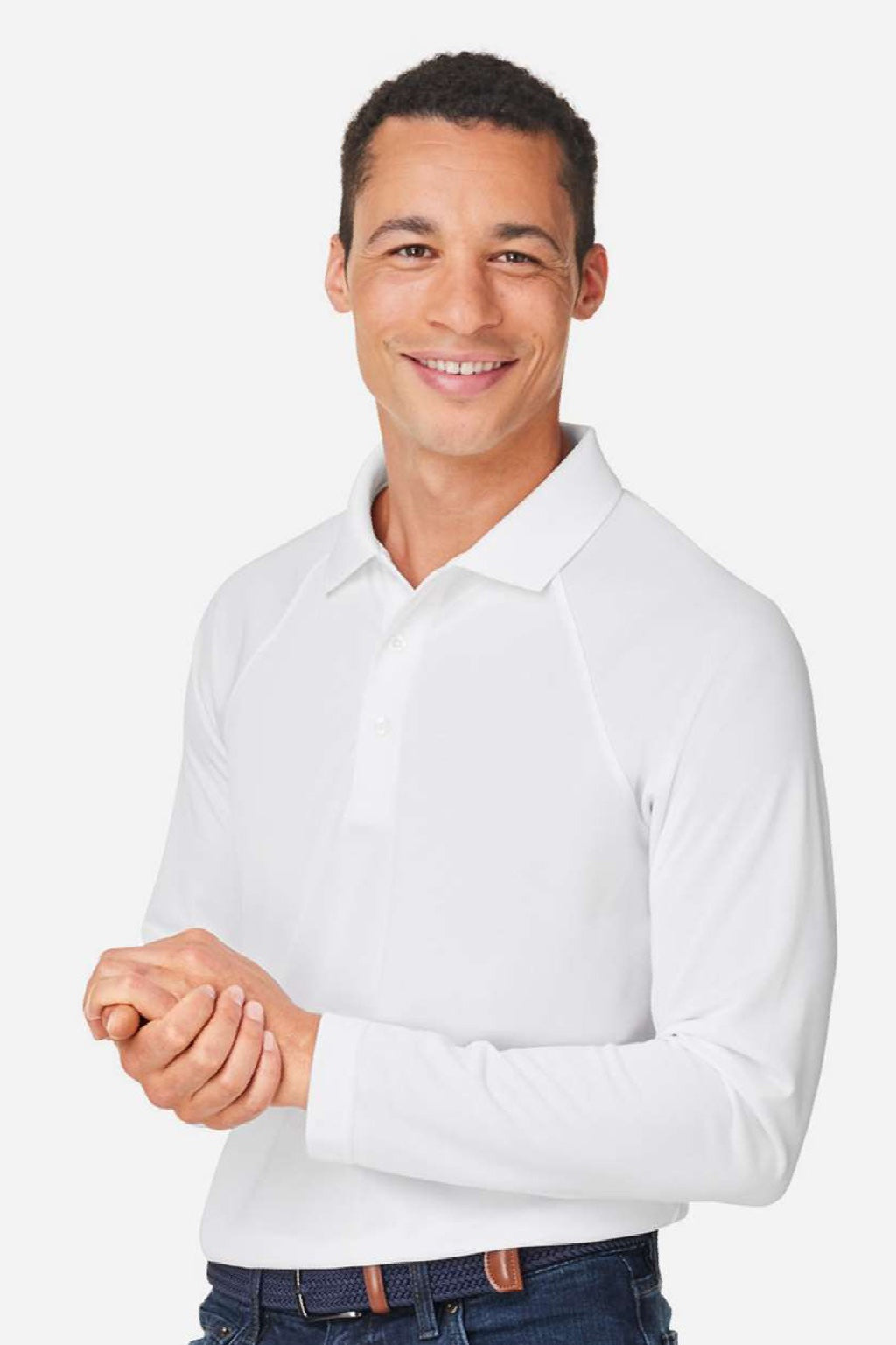 Harriton M208L Mens Charge Moisture Wicking Long Sleeve Polo Shirt White Model Side