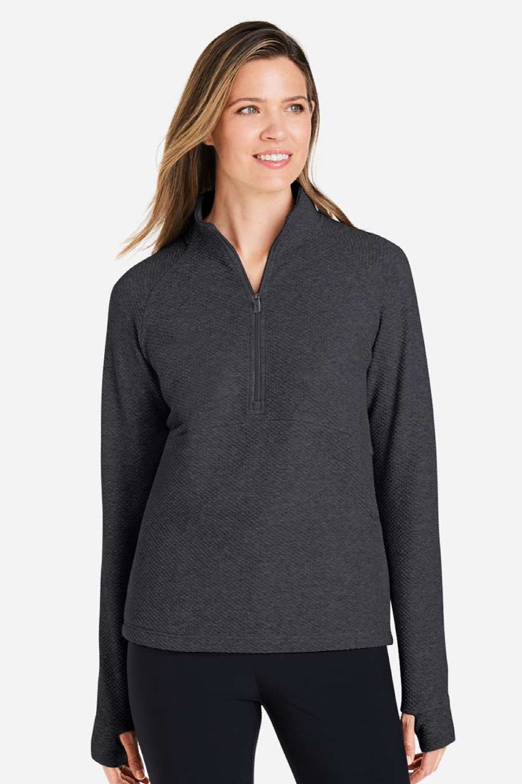 North End NE725W Womens Spirit Textured 1/4 Zip Sweatshirt w/ Pocket Heather Black Model Front
