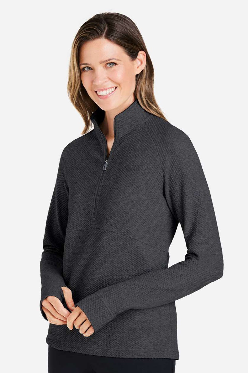 North End NE725W Womens Spirit Textured 1/4 Zip Sweatshirt w/ Pocket Heather Black Model Side