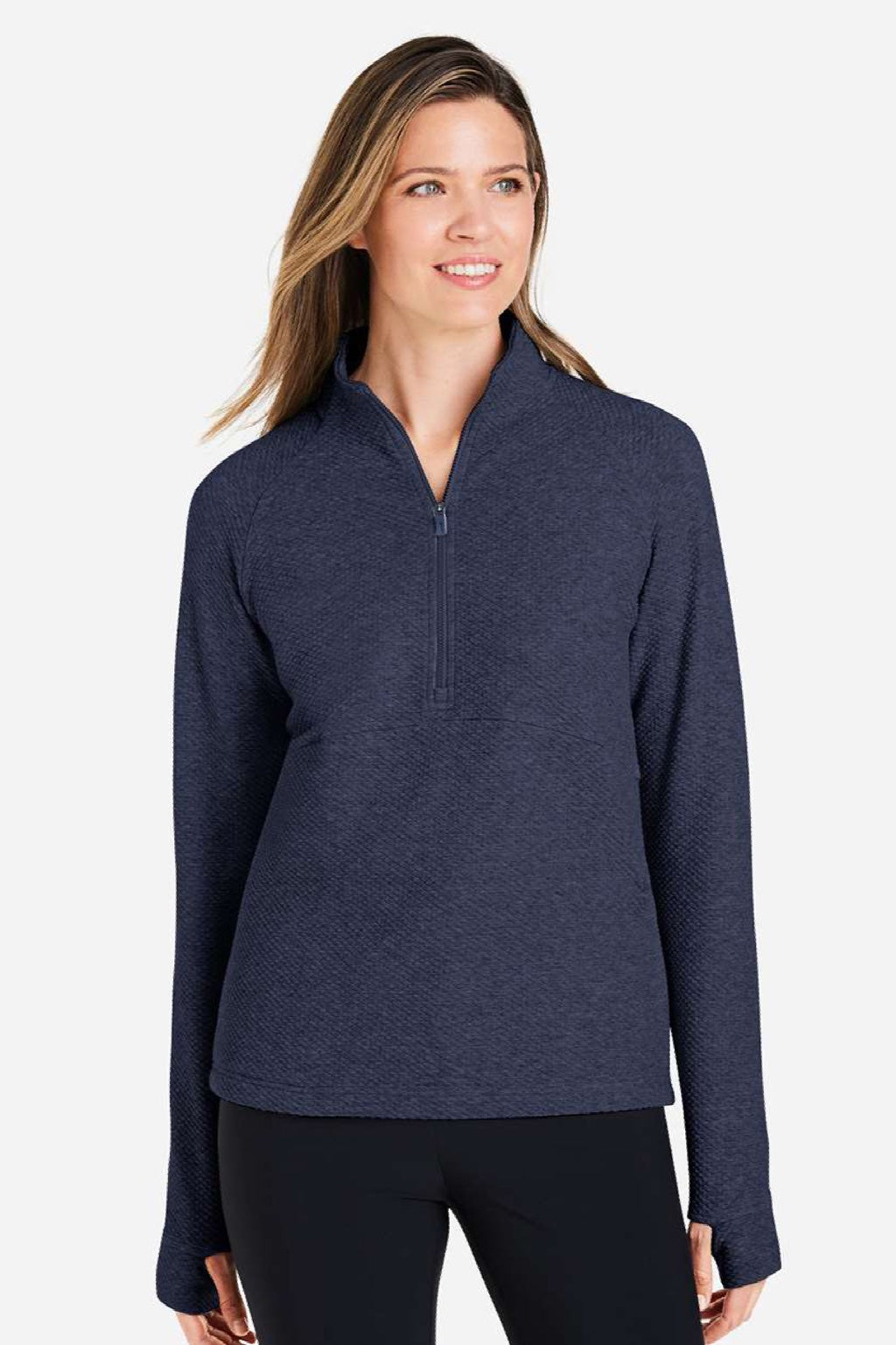 North End NE725W Womens Spirit Textured 1/4 Zip Sweatshirt w/ Pocket Heather Classic Navy Blue Model Front