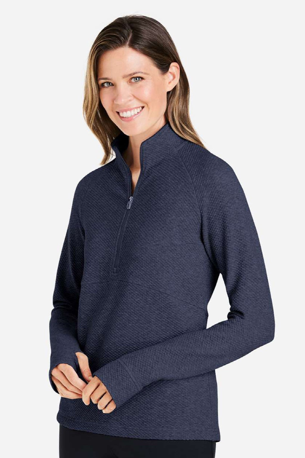 North End NE725W Womens Spirit Textured 1/4 Zip Sweatshirt w/ Pocket Heather Classic Navy Blue Model Side