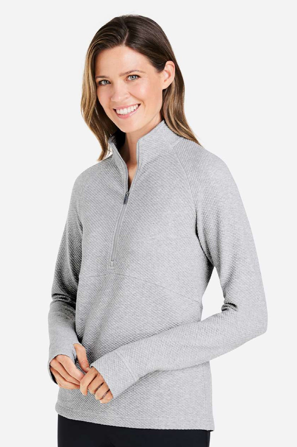 North End NE725W Womens Spirit Textured 1/4 Zip Sweatshirt w/ Pocket Heather Platinum Grey Model Side