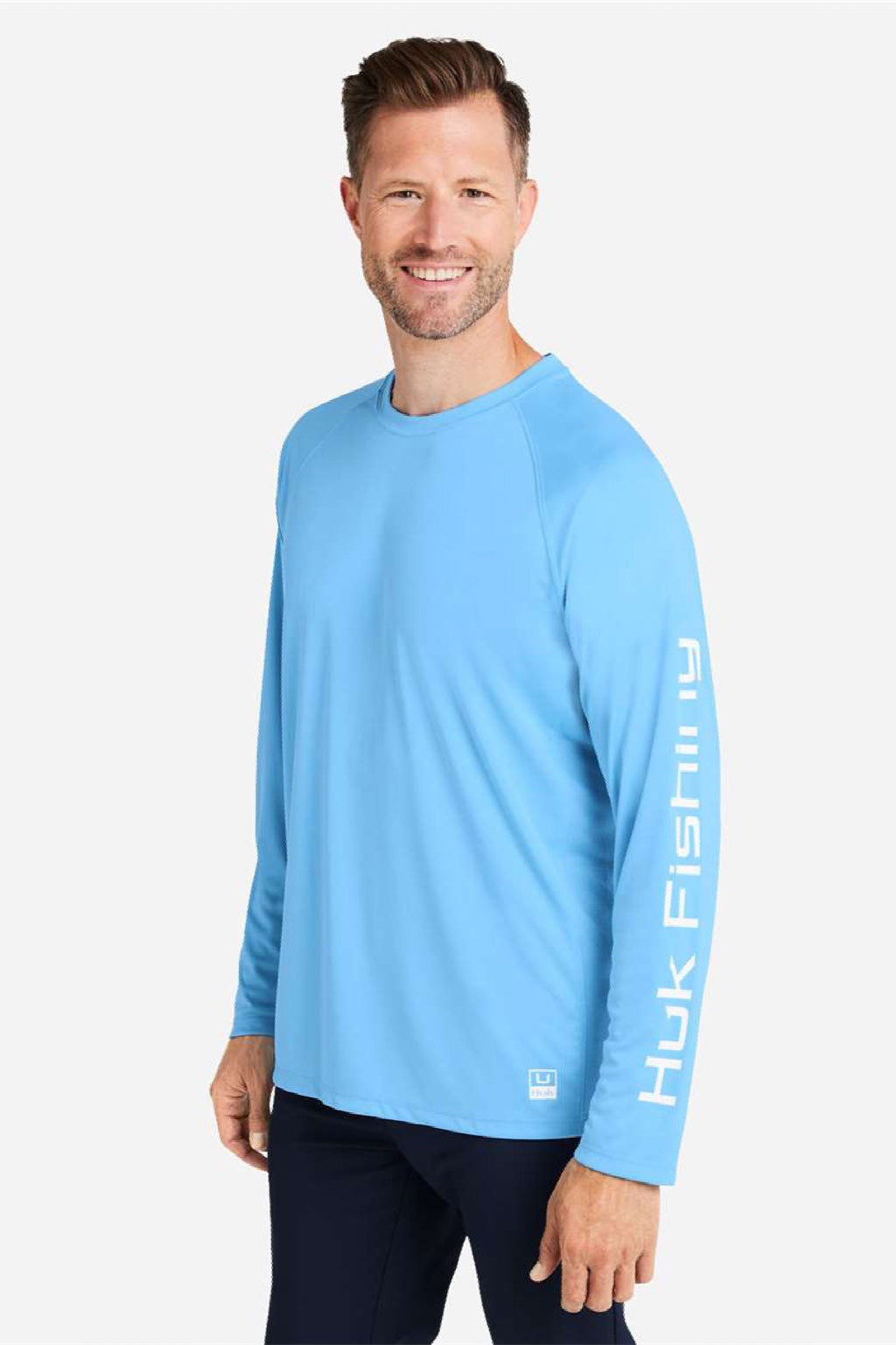 Huk H12L009 Mens LoPro Pursuit Long Sleeve Crewneck T-Shirt Marolina Blue Model Side