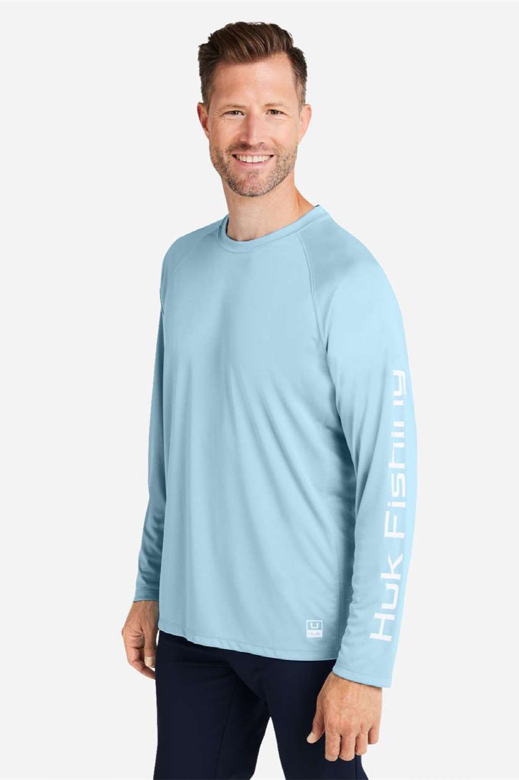 Huk H12L009 Mens LoPro Pursuit Long Sleeve Crewneck T-Shirt Plein Air Blue Model Side