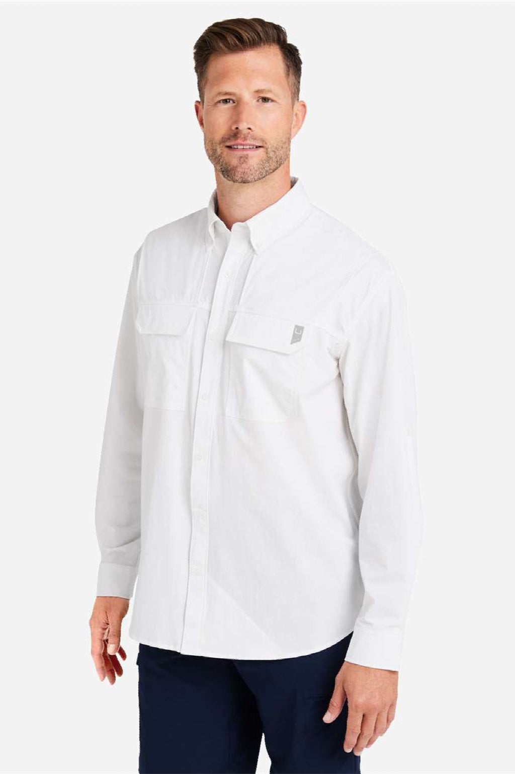 Huk H150184 Mens Creekbed Long Sleeve Button Down Shirt White Model Side