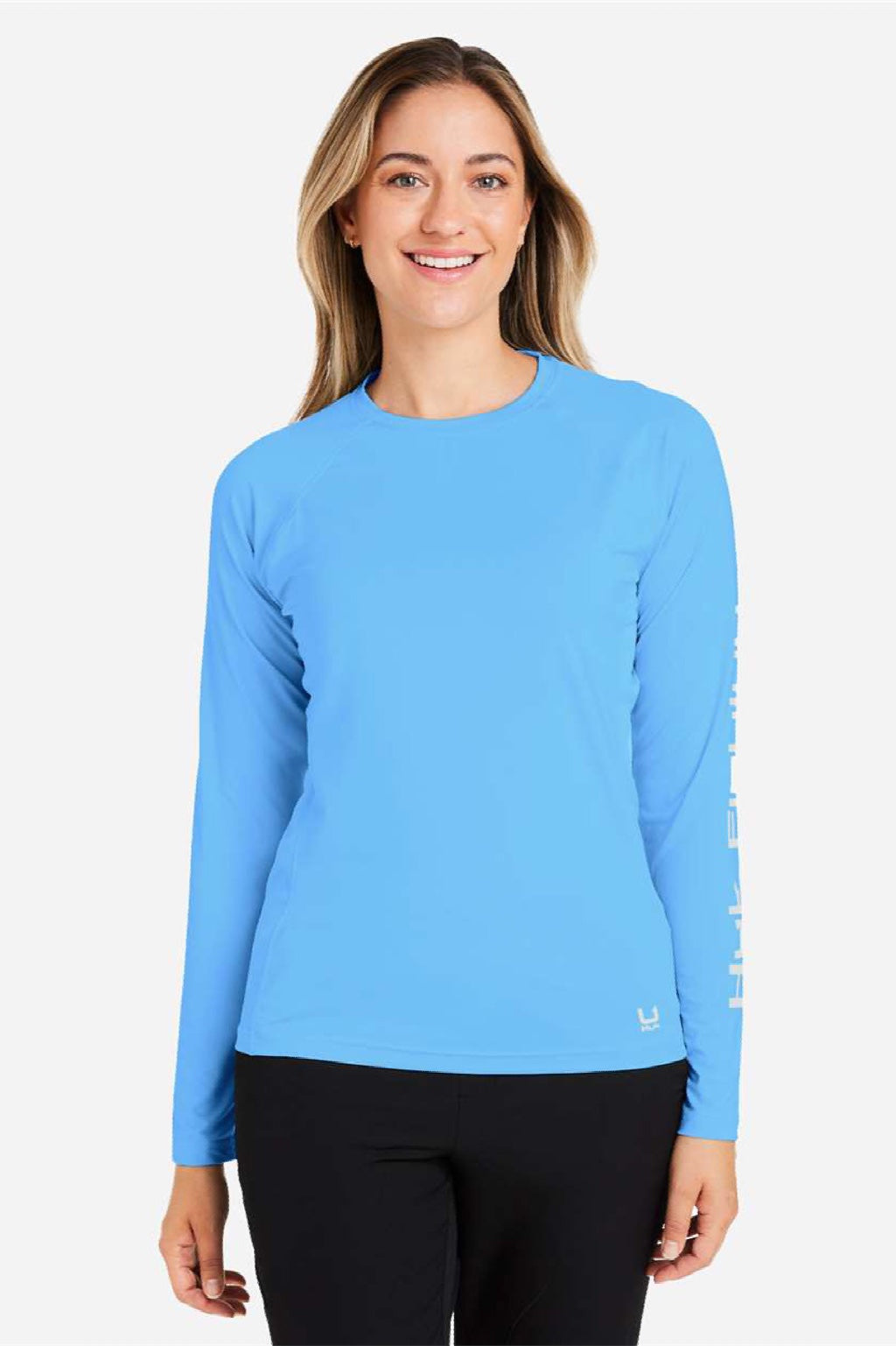 Huk H612L04 Womens LoPro Pursuit Moisture Wicking Long Sleeve Crewneck T-Shirt Marolina Blue Model Front
