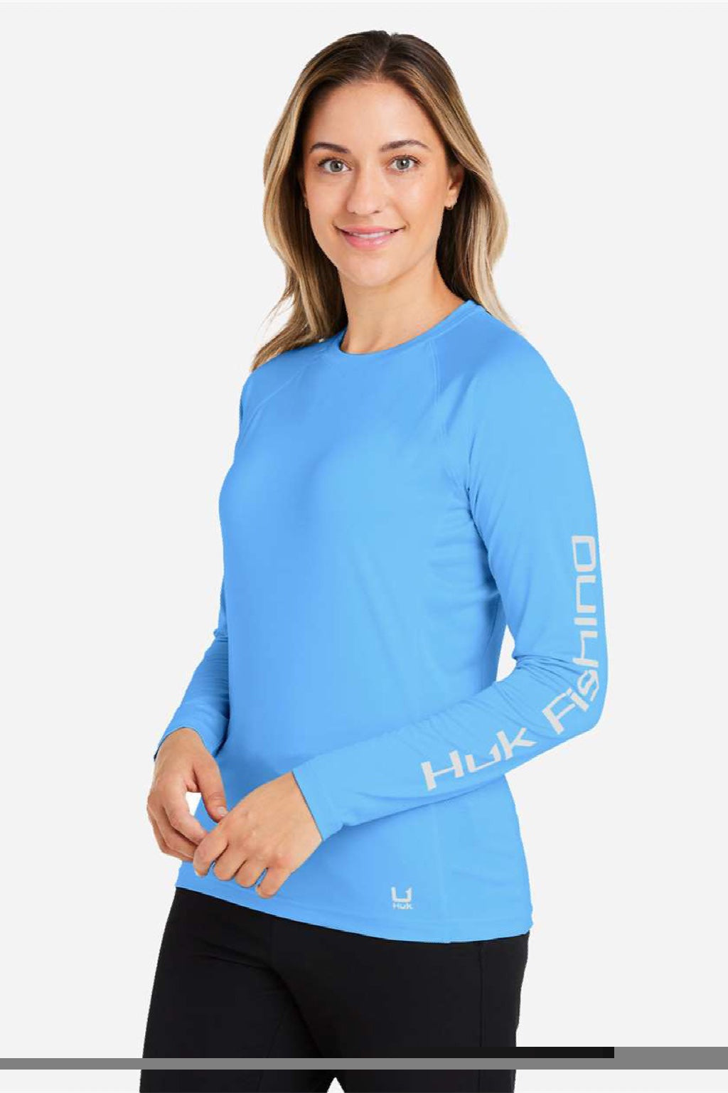 Huk H612L04 Womens LoPro Pursuit Long Sleeve Crewneck T-Shirt Marolina Blue Model Side