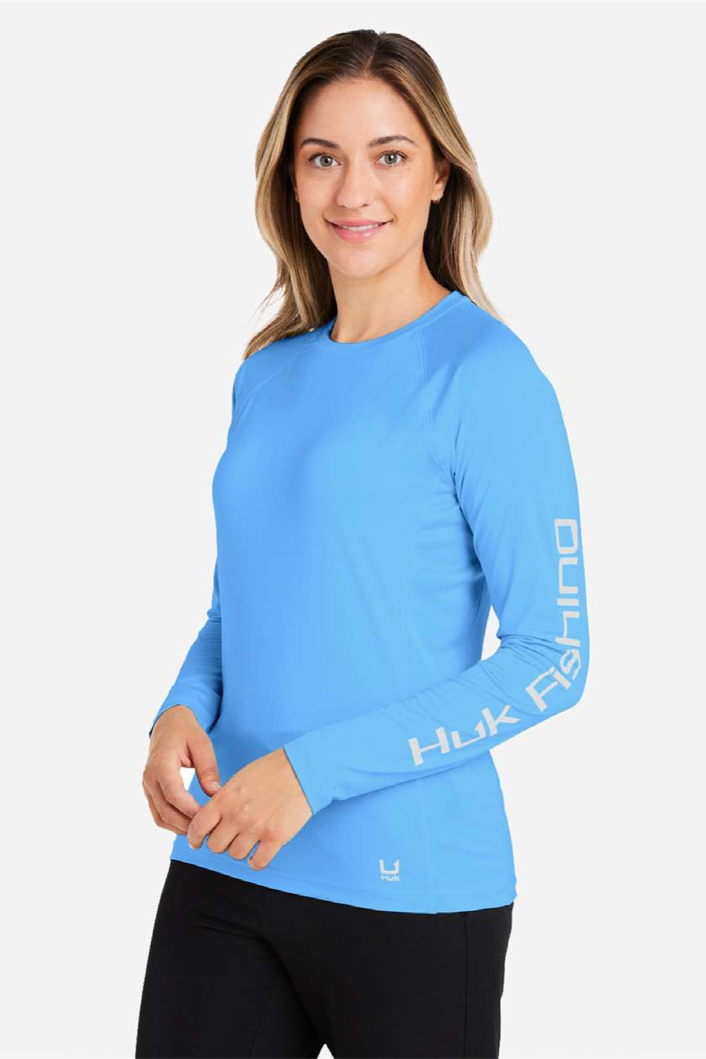 Huk H612L04 Womens LoPro Pursuit Moisture Wicking Long Sleeve Crewneck T-Shirt Marolina Blue Model Side