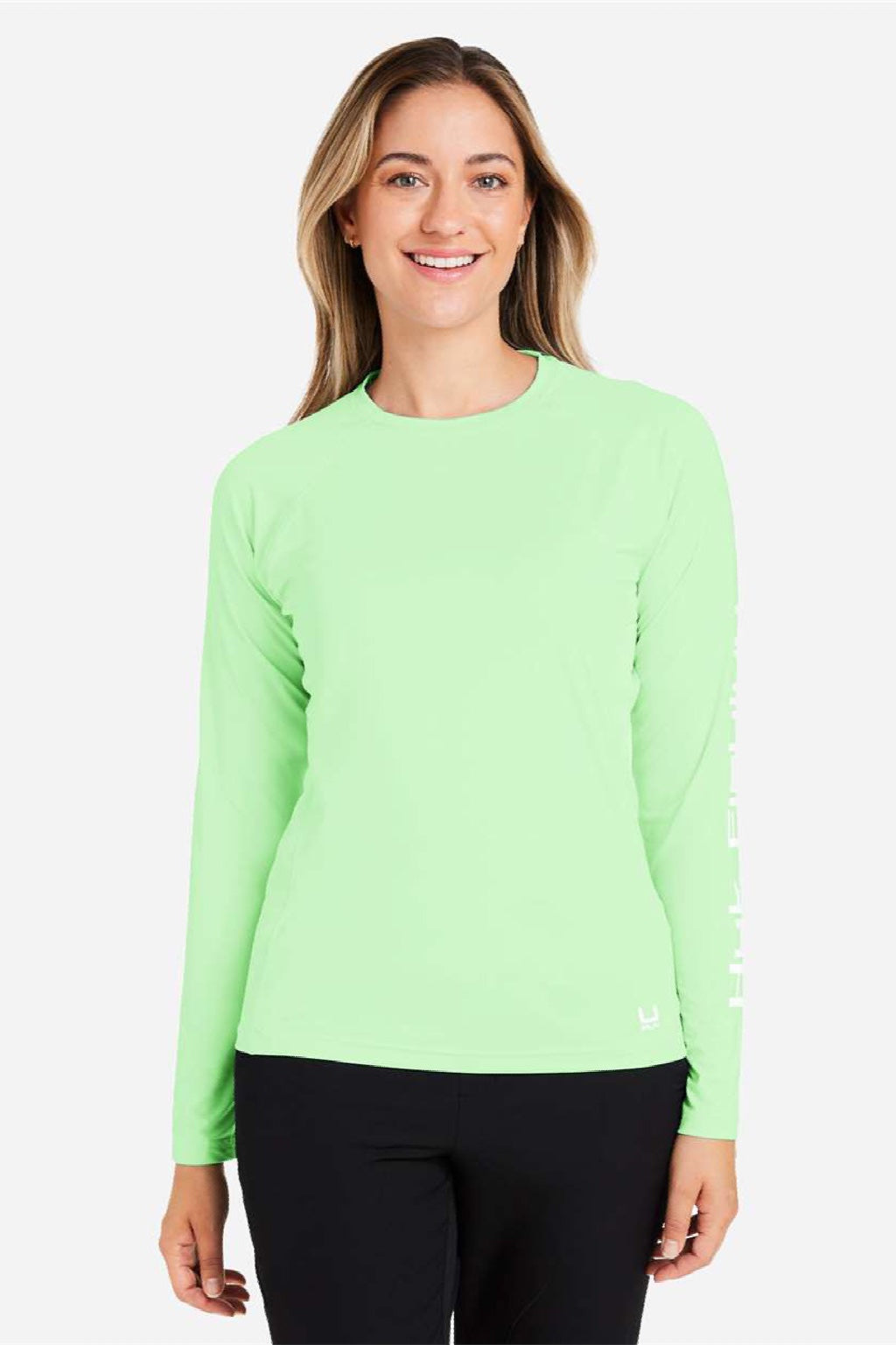 Huk H612L04 Womens LoPro Pursuit Long Sleeve Crewneck T-Shirt Patina Green Model Front