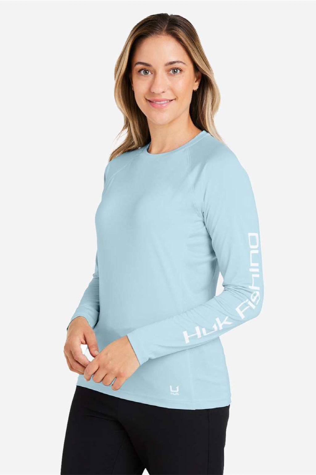 Huk H612L04 Womens LoPro Pursuit Long Sleeve Crewneck T-Shirt Plein Air Blue Model Side