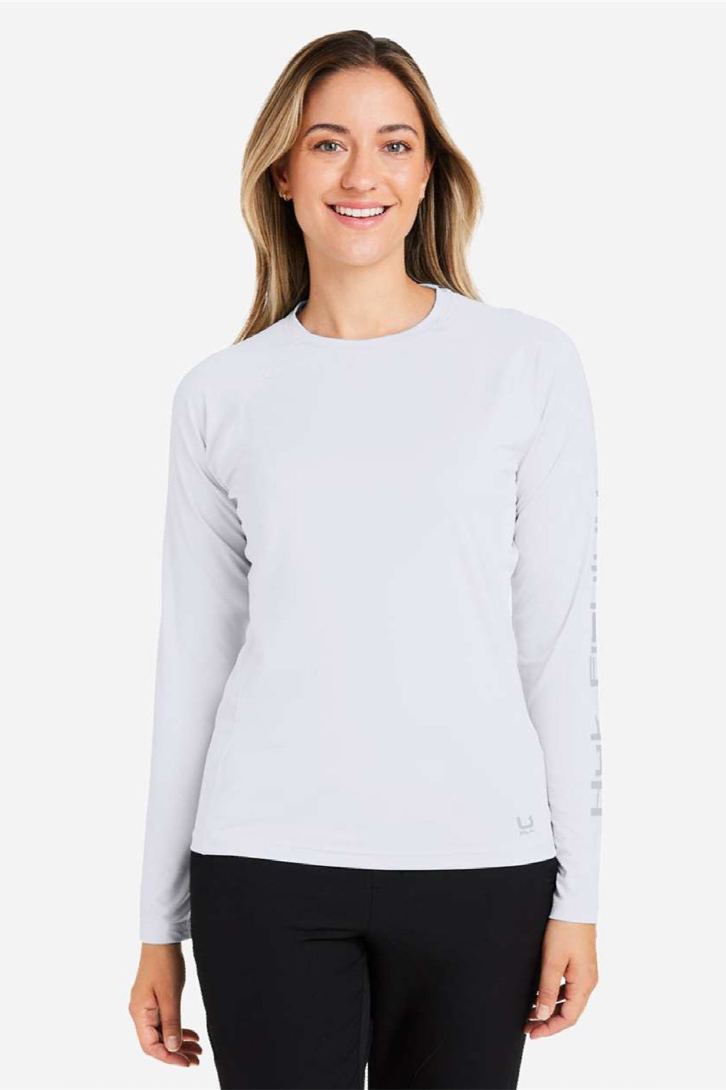 Huk H612L04 Womens LoPro Pursuit Long Sleeve Crewneck T-Shirt White Model Front