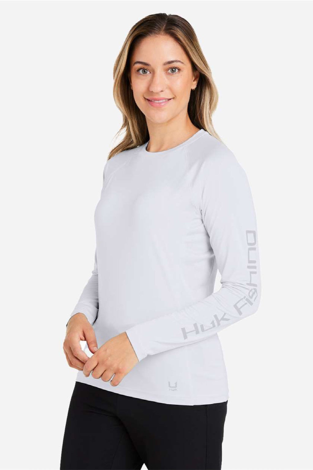 Huk H612L04 Womens LoPro Pursuit Long Sleeve Crewneck T-Shirt White Model Side