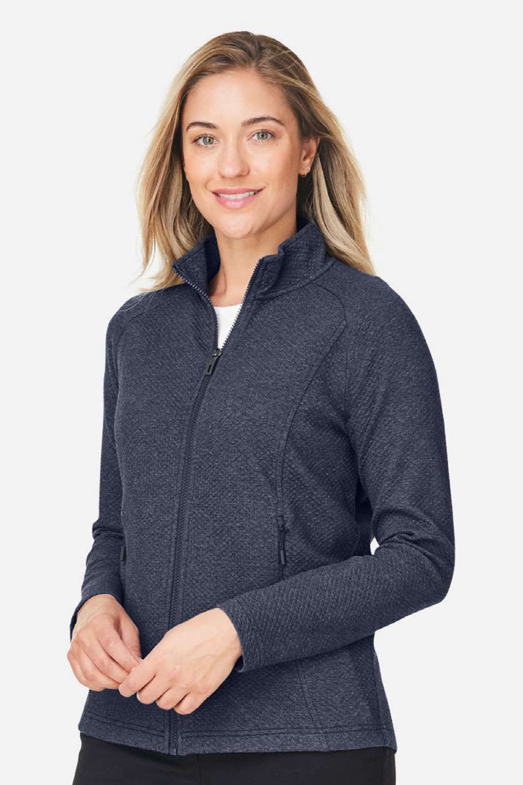 North End NE727W Womens Spirit Textured UPF 40+ Full Zip Sweatshirt w/ Pockets Heather Classic Navy Blue Model Side