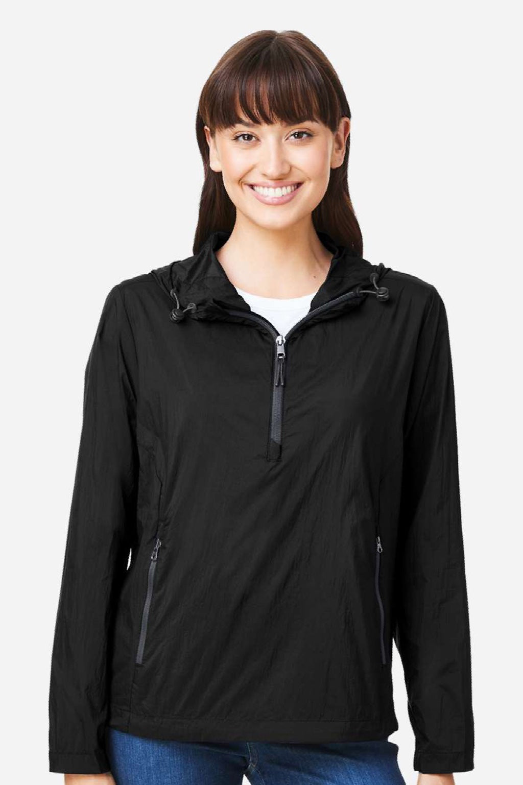 North End NE810W Womens Aura Lightweight 1/4 Zip Packable Hooded Anorak Jacket Black/Carbon Grey Model Front