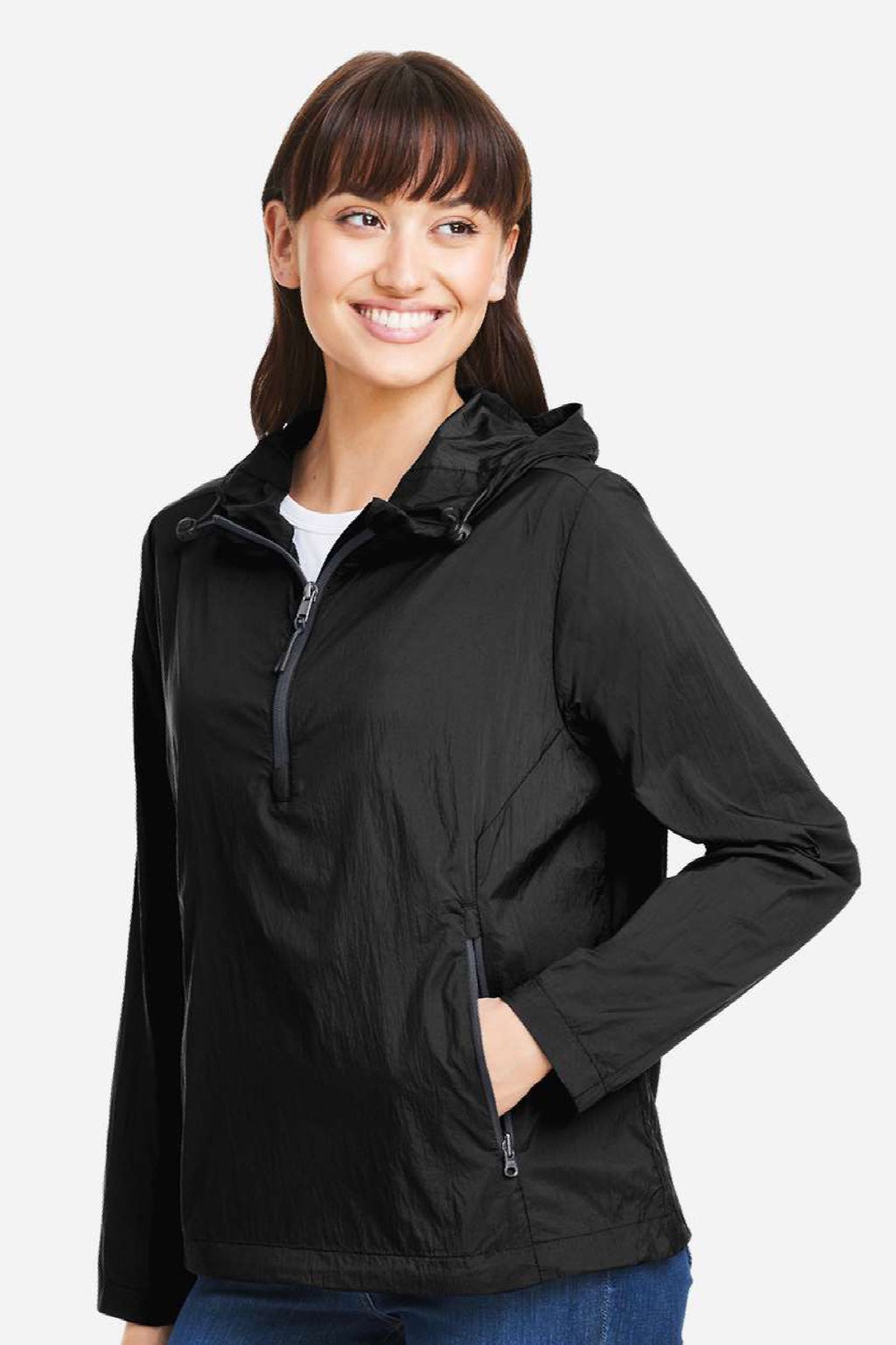 North End NE810W Womens Aura Lightweight 1/4 Zip Packable Hooded Anorak Jacket Black/Carbon Grey Model Side