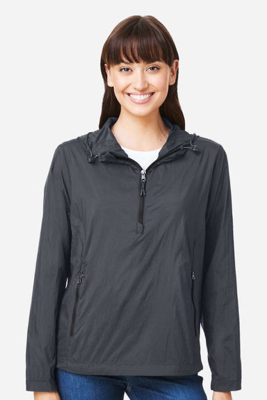North End NE810W Womens Aura Lightweight 1/4 Zip Packable Hooded Anorak Jacket Carbon Grey/Black Model Front