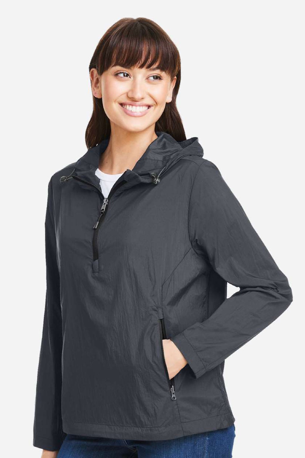 North End NE810W Womens Aura Lightweight 1/4 Zip Packable Hooded Anorak Jacket Carbon Grey/Black Model Side