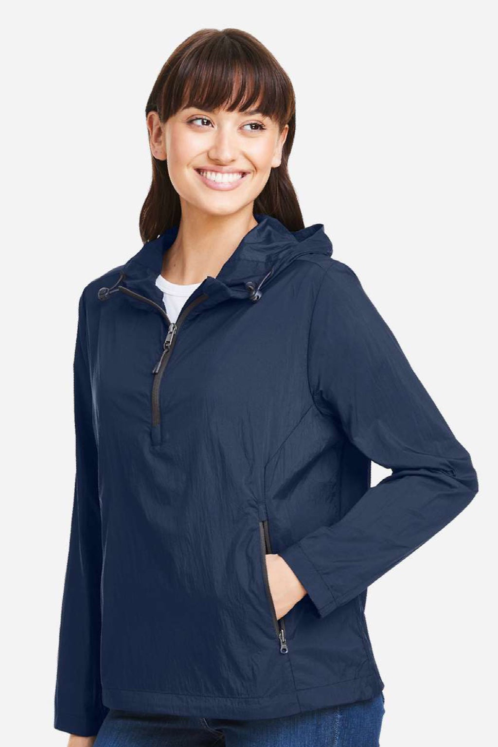 North End NE810W Womens Aura Lightweight 1/4 Zip Packable Hooded Anorak Jacket Classic Navy Blue/Carbon Grey Model Side