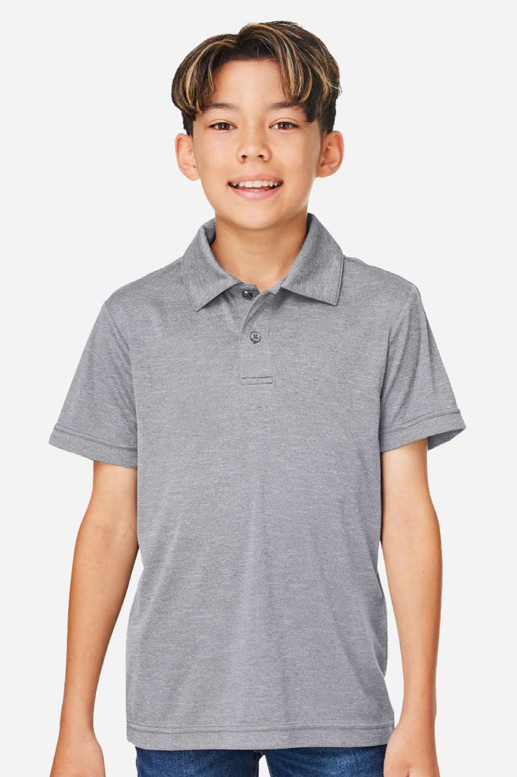 Team 365 TT51HY Youth Zone Sonic Moisture Wicking Short Sleeve Polo Shirt Heather Grey Model Front