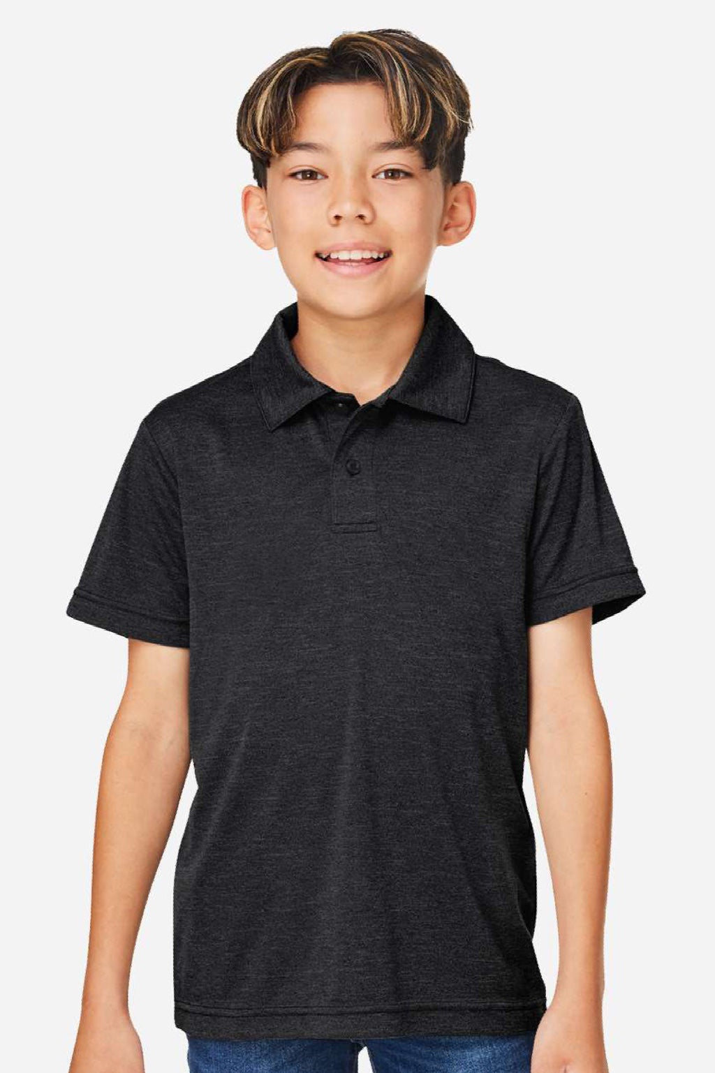 Team 365 TT51HY Youth Zone Sonic Moisture Wicking Short Sleeve Polo Shirt Heather Black Model Front