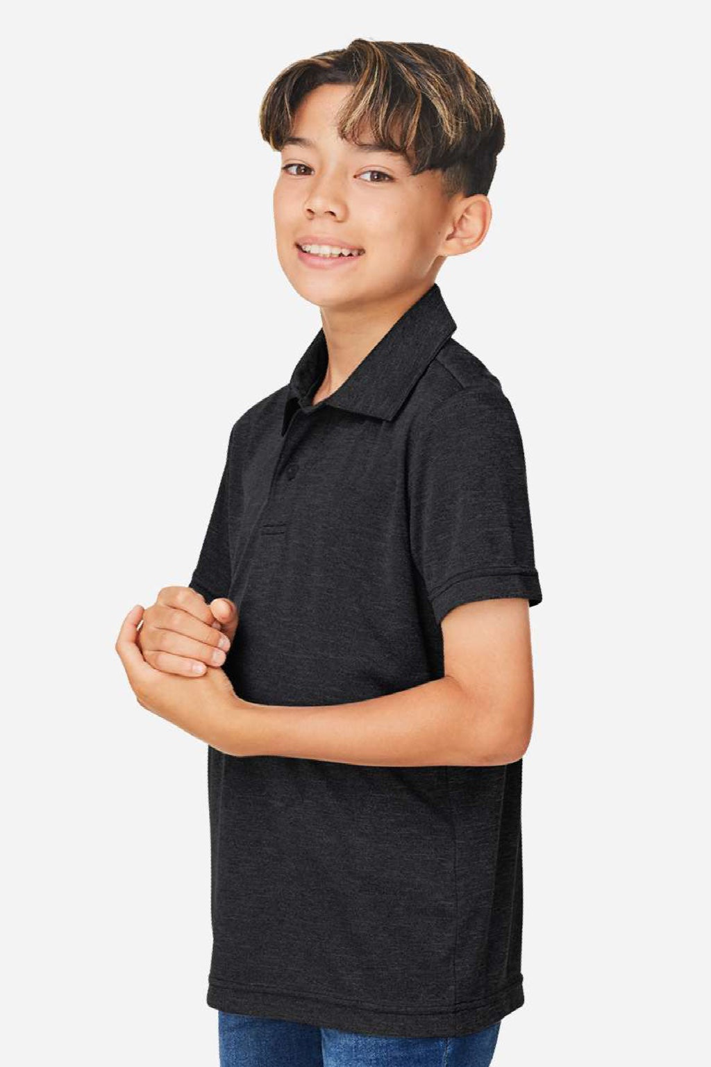 Team 365 TT51HY Youth Zone Sonic Moisture Wicking Short Sleeve Polo Shirt Heather Black Model Side