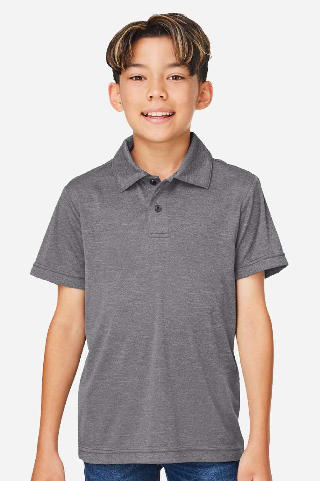 Team 365 TT51HY Youth Zone Sonic Moisture Wicking Short Sleeve Polo Shirt Heather Dark Grey Model Front