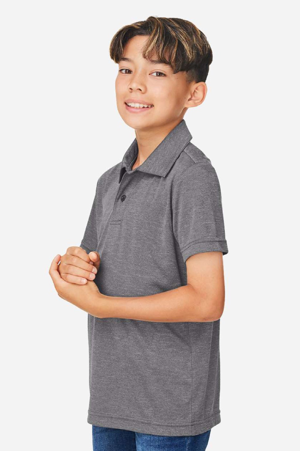 Team 365 TT51HY Youth Zone Sonic Moisture Wicking Short Sleeve Polo Shirt Heather Dark Grey Model Side