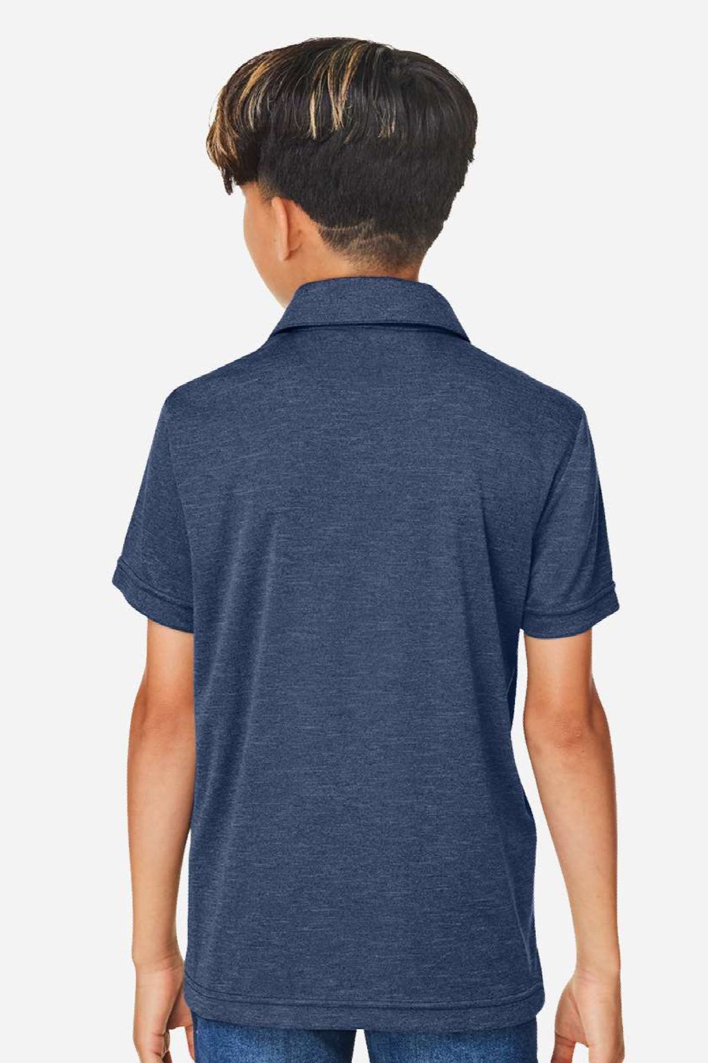 Team 365 TT51HY Youth Zone Sonic Moisture Wicking Short Sleeve Polo Shirt Heather Dark Navy Blue Model Back