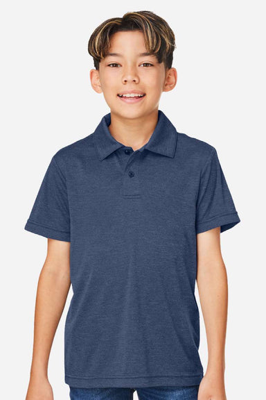 Team 365 TT51HY Youth Zone Sonic Moisture Wicking Short Sleeve Polo Shirt Heather Dark Navy Blue Model Front