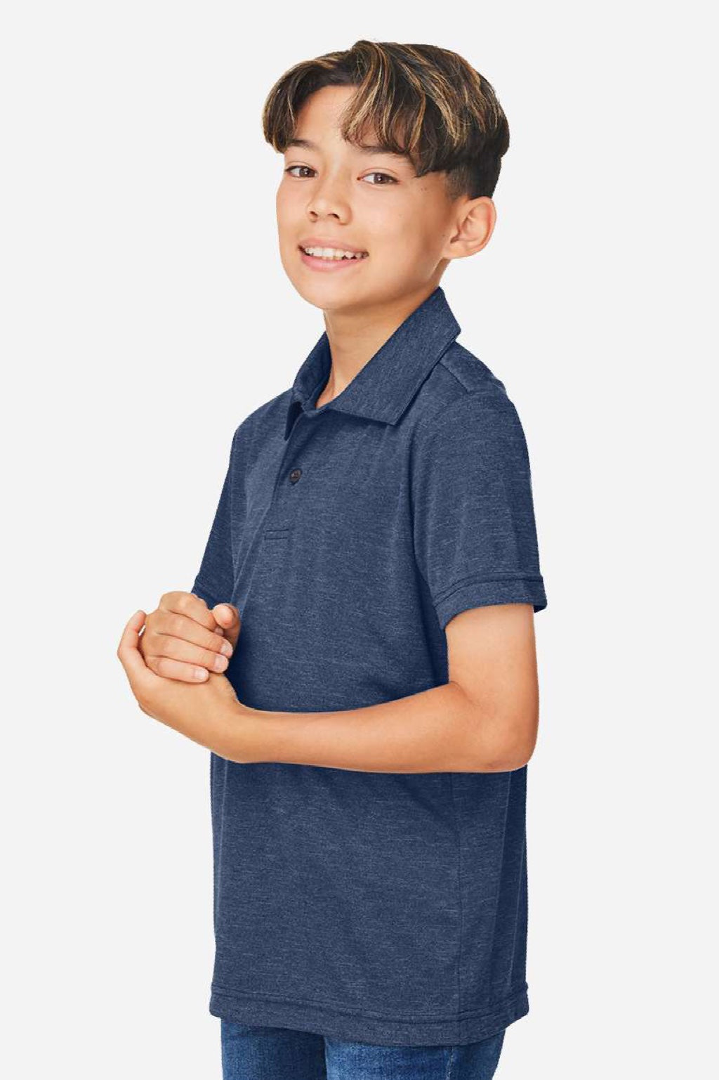 Team 365 TT51HY Youth Zone Sonic Moisture Wicking Short Sleeve Polo Shirt Heather Dark Navy Blue Model Side