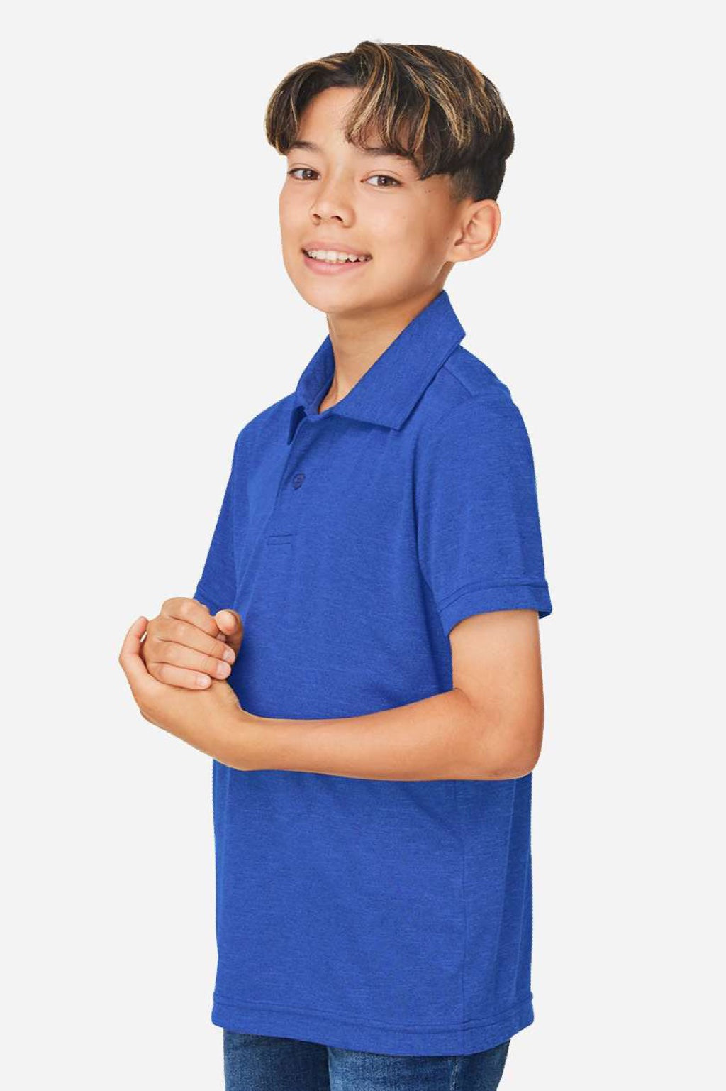 Team 365 TT51HY Youth Zone Sonic Moisture Wicking Short Sleeve Polo Shirt Heather Royal Blue Model Side