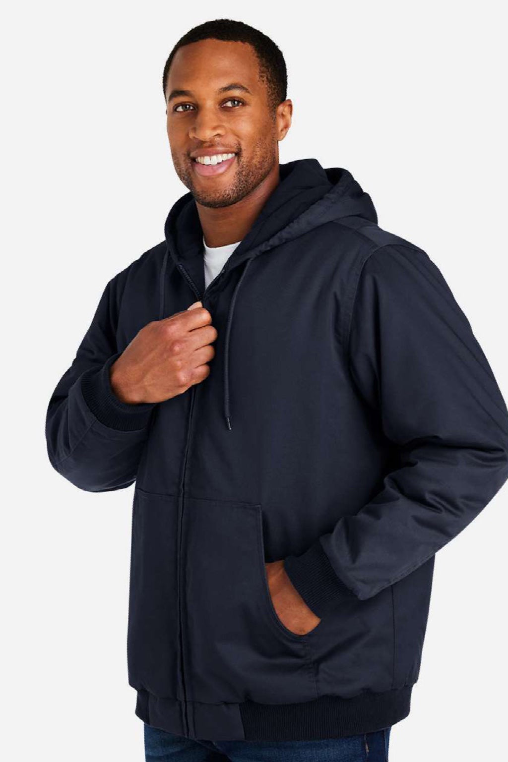 Harriton M722/M722T Mens ClimaBloc Full Zip Hooded Jacket Dark Navy Blue Model Side