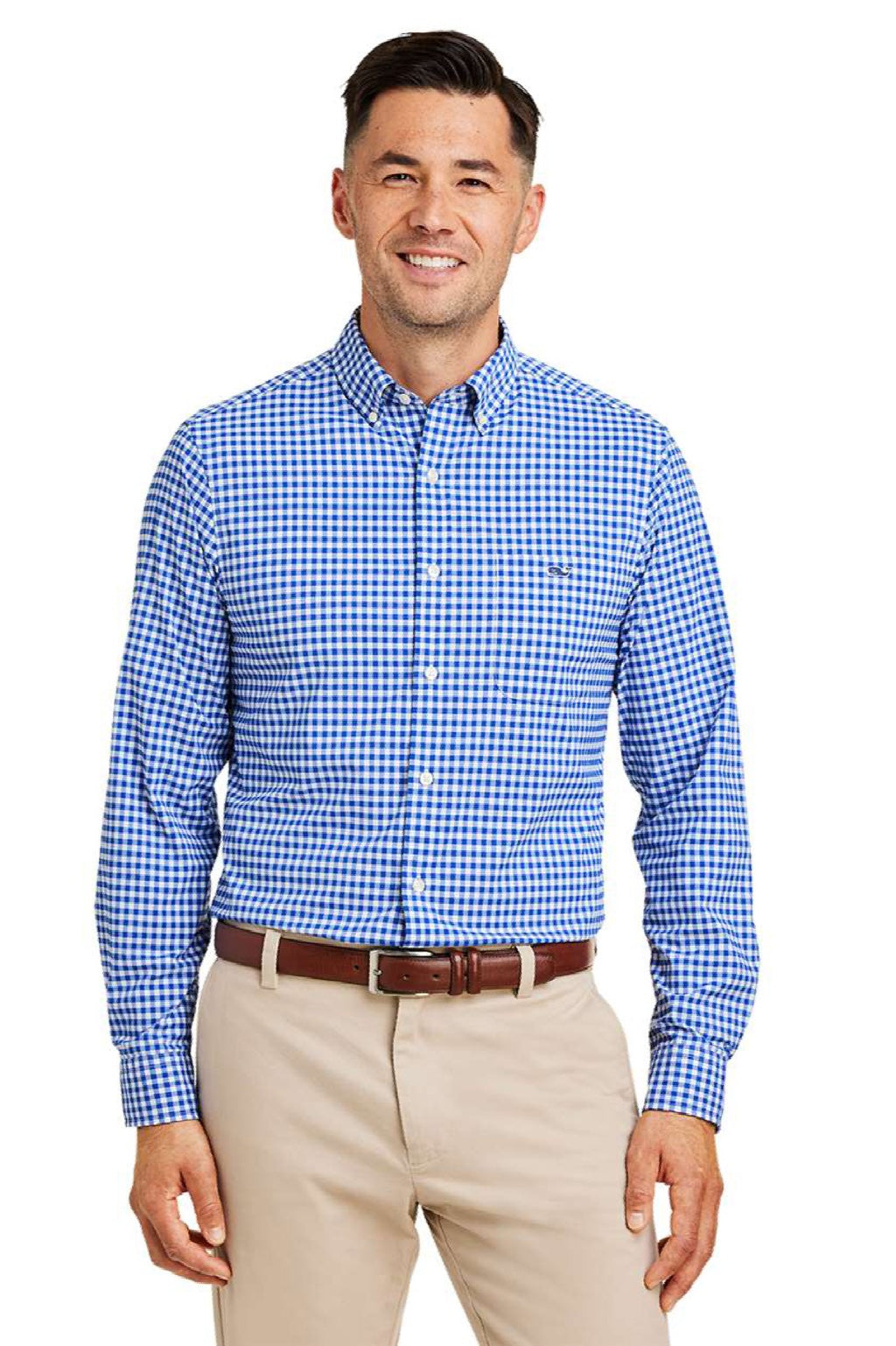 Vineyard Vines W012060 Mens On The Go Gingham Long Sleeve Button Down Shirt Martime Blue Model Front