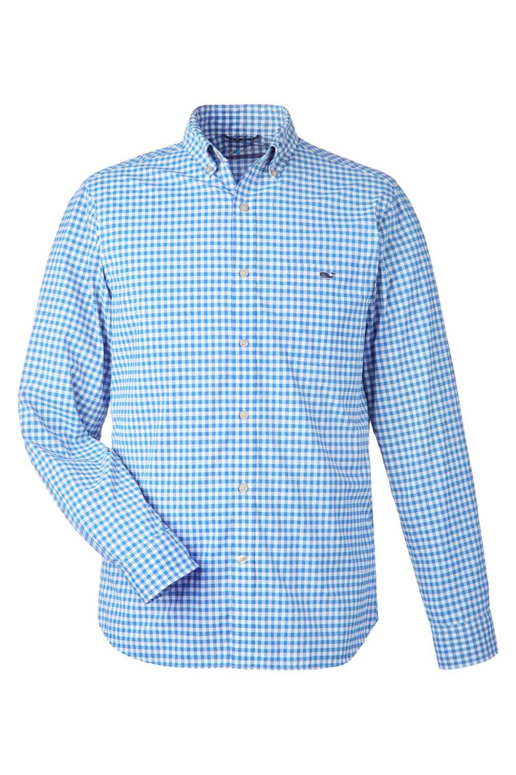 Vineyard Vines W012060 Mens On The Go Gingham Long Sleeve Button Down Shirt Ocean Breeze Blue Flat Front