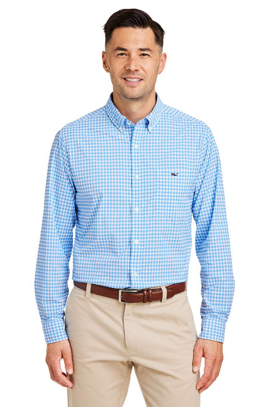 Vineyard Vines W012060 Mens On The Go Gingham Long Sleeve Button Down Shirt Ocean Breeze Blue Model Front