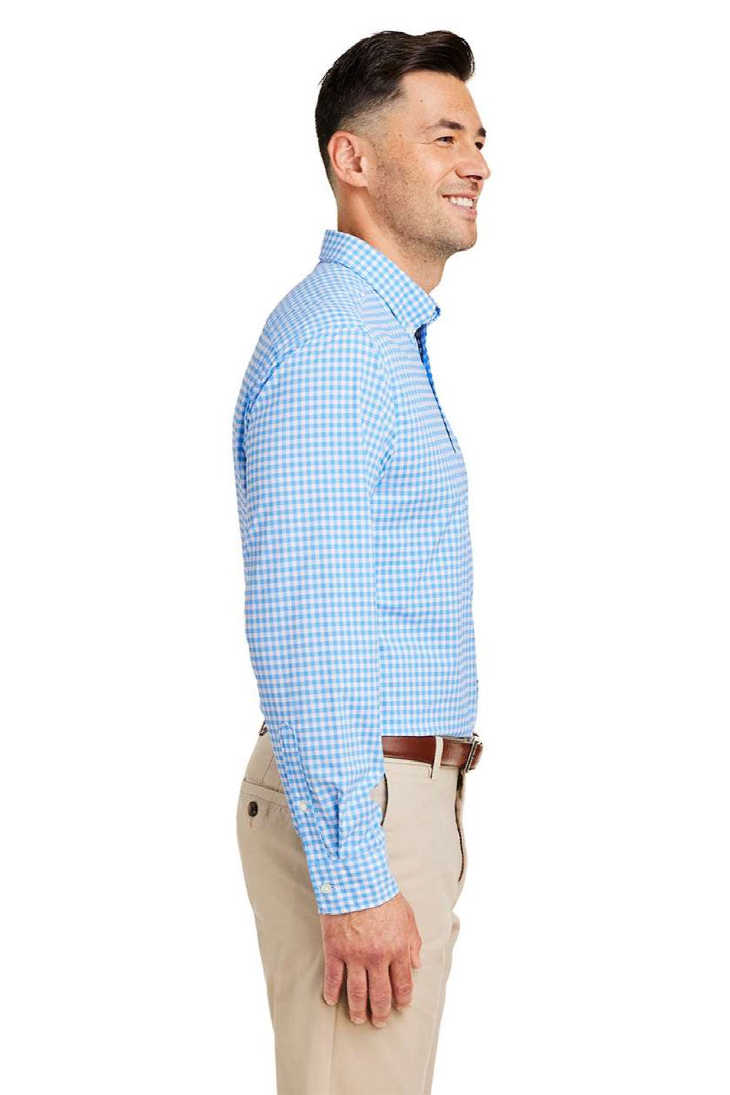Vineyard Vines W012060 Mens On The Go Gingham Long Sleeve Button Down Shirt Ocean Breeze Blue Model Side
