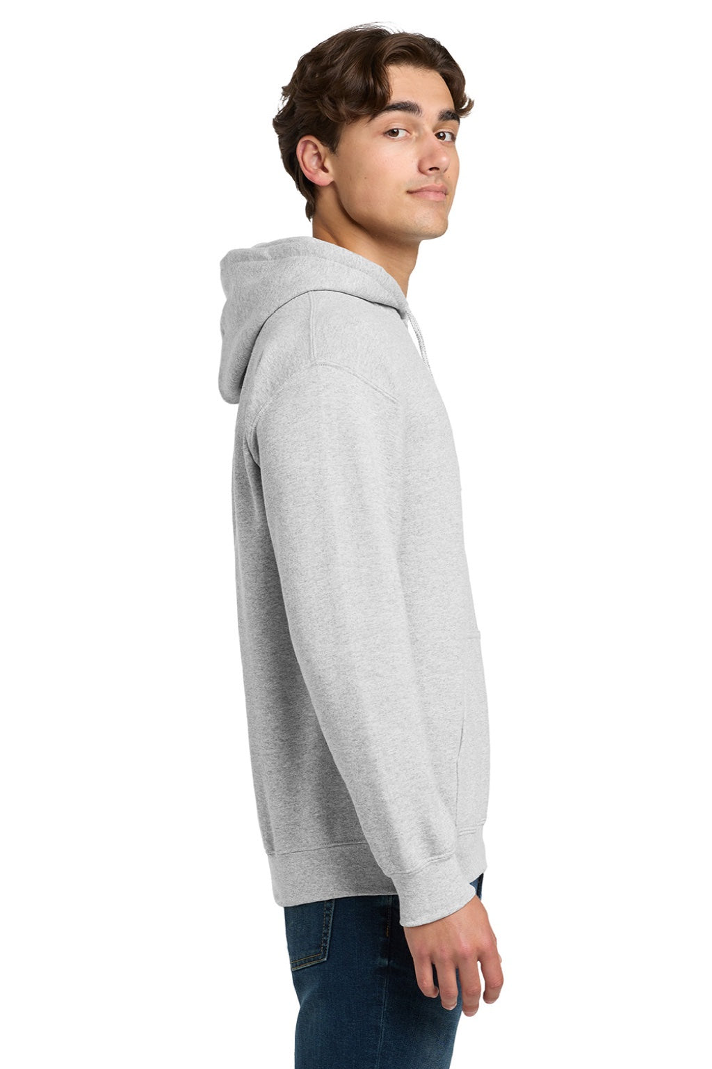 Gildan 12500 Mens DryBlend Moisture Wicking Hooded Sweatshirt Hoodie w/ Pouch Pocket Ash Grey Model Side