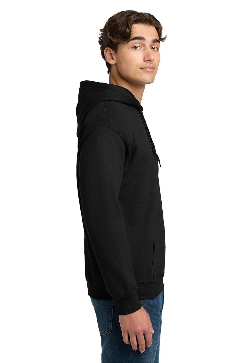 Gildan 12500 Mens DryBlend Moisture Wicking Hooded Sweatshirt Hoodie w/ Pouch Pocket Black Model Side