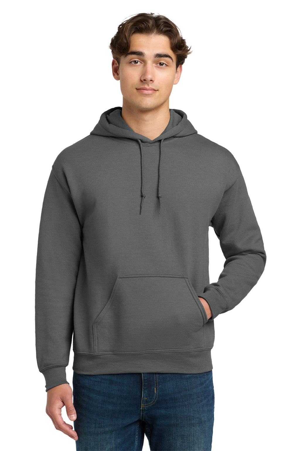 Gildan 12500 Mens DryBlend Moisture Wicking Hooded Sweatshirt Hoodie w/ Pouch Pocket Charcoal Grey Model Front