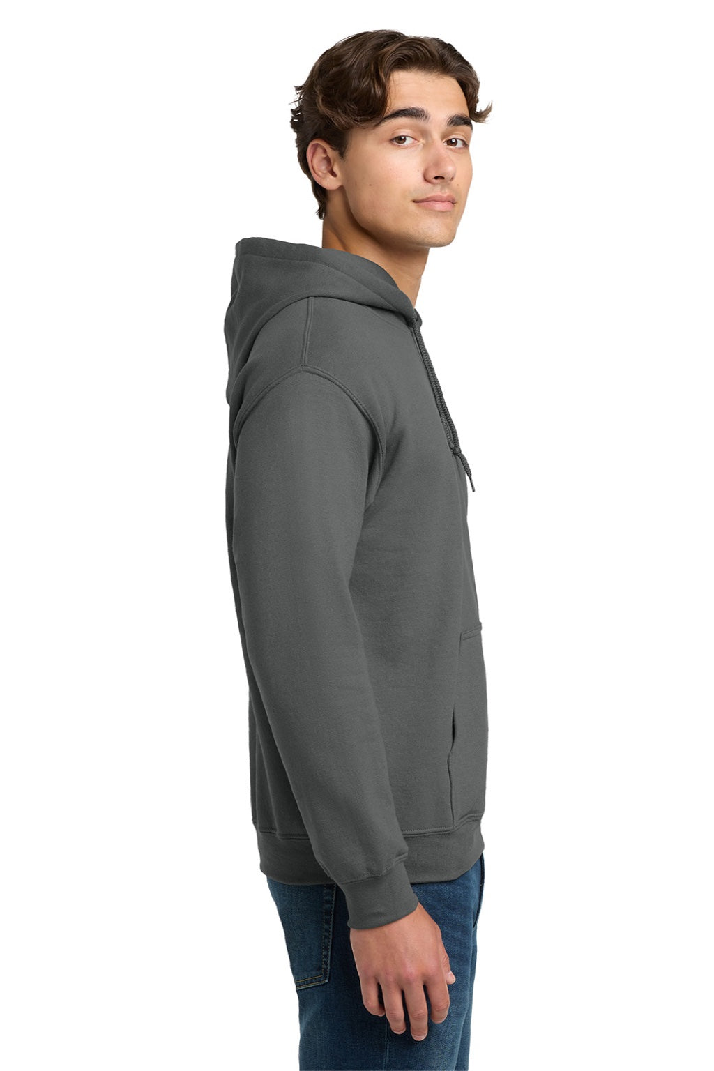 Gildan 12500 Mens DryBlend Moisture Wicking Hooded Sweatshirt Hoodie w/ Pouch Pocket Charcoal Grey Model Side